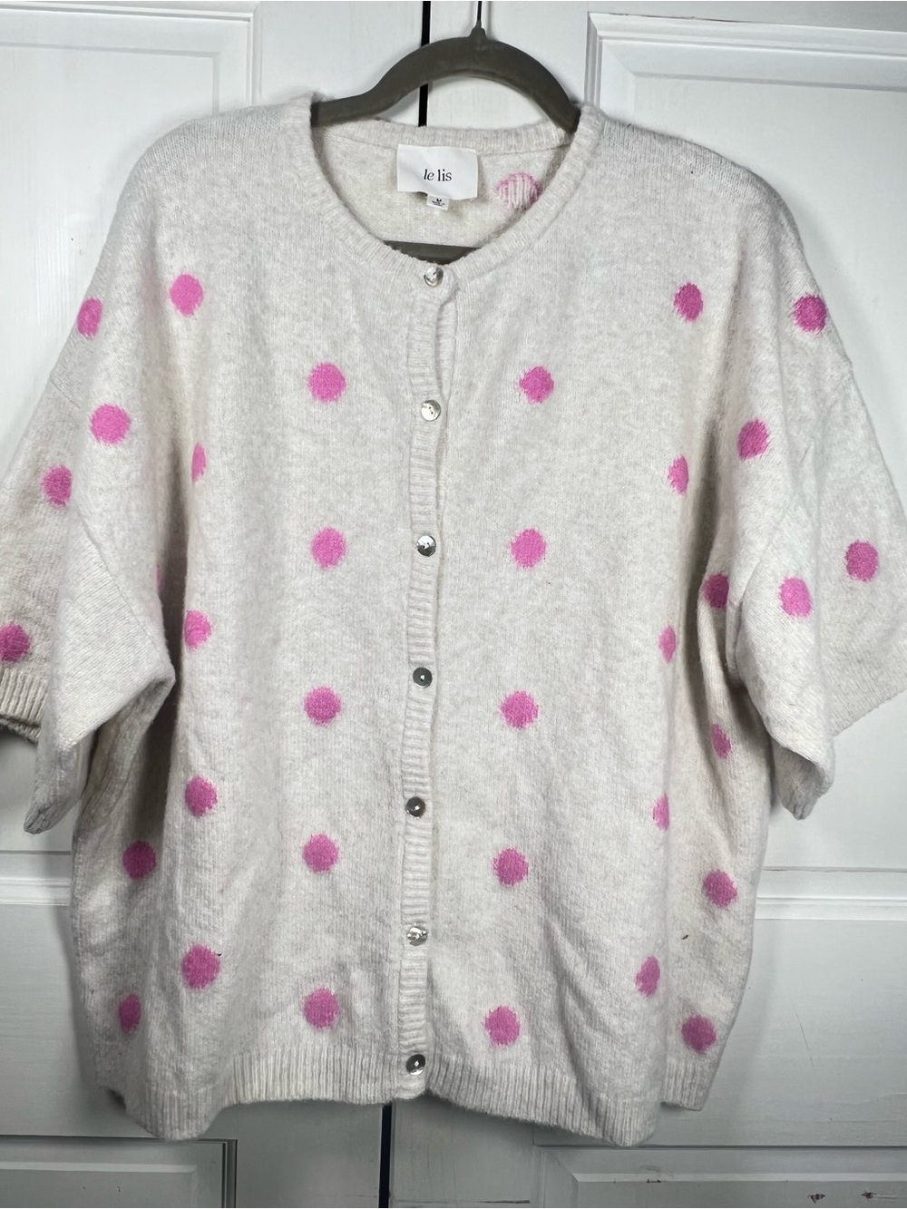 Le Lis Cream Knit Cardigan with Pink Polka Dots Soft Cozy Boxy Size Medium